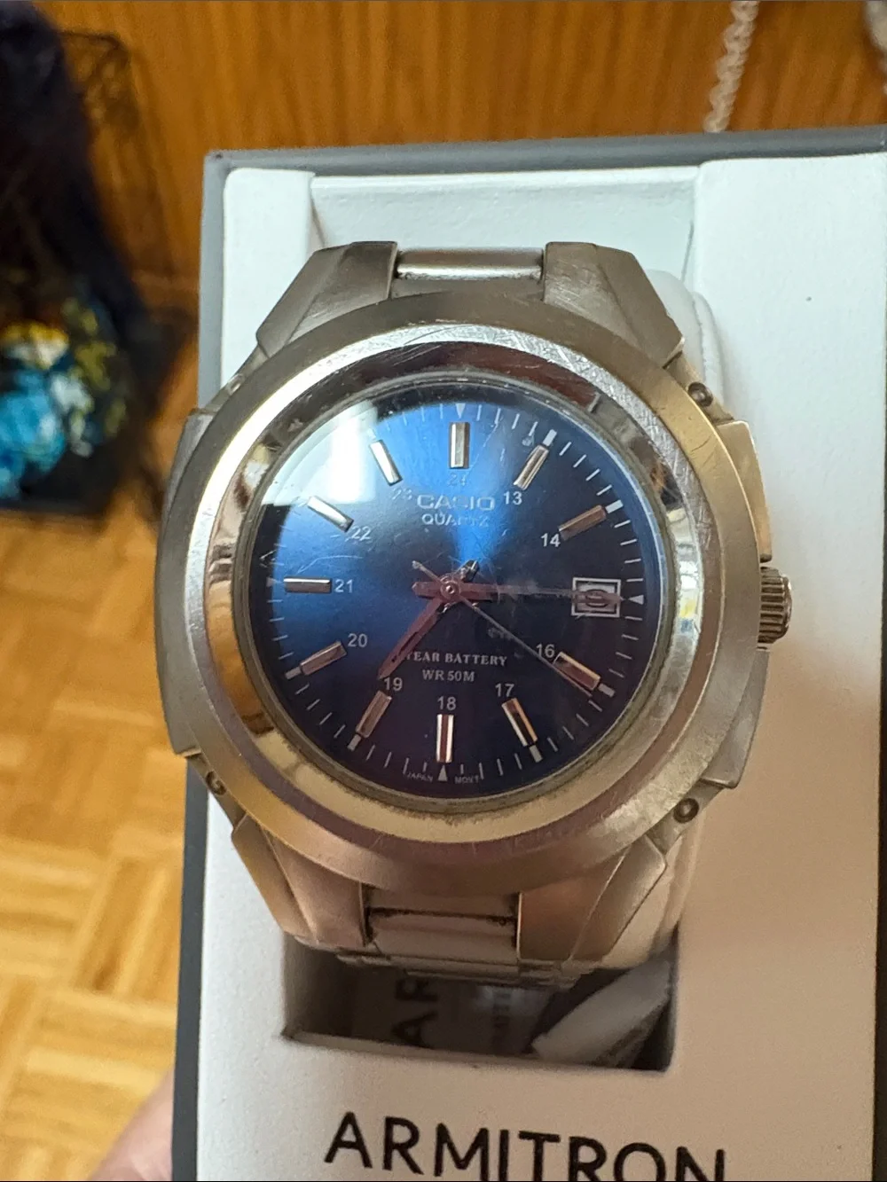 Casio Silver Stainless Steel Watch with Blue Dial